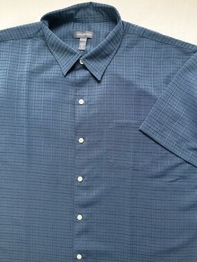 Van Heusen Men's Dark Blue texture grid Short Sleeve Button-Down Shirt XXL